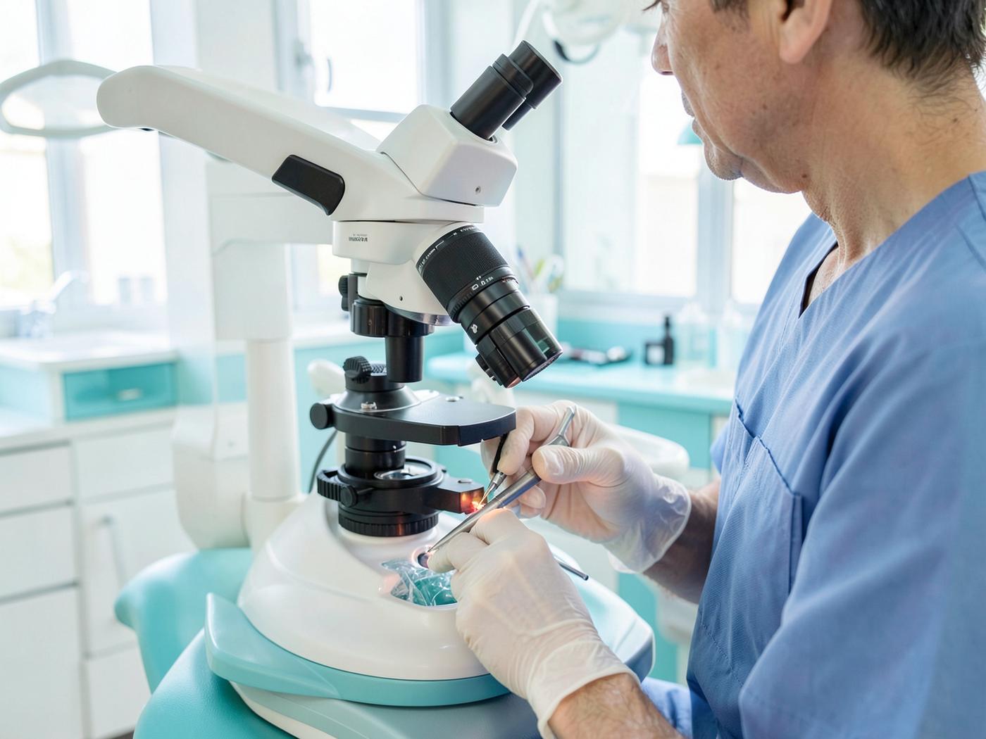 Präzise Wurzelkanalbehandlung unter einem Dentalmikroskop